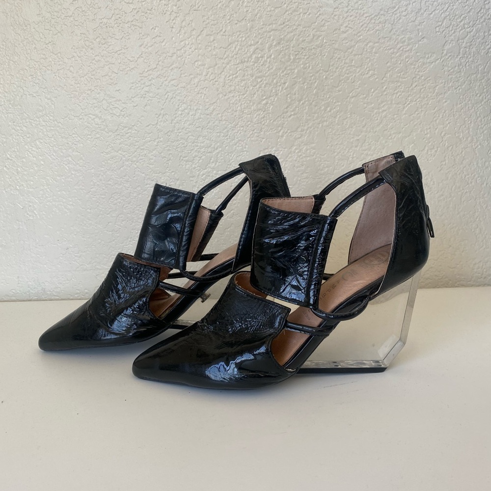 Jeffrey Campbell Devandra Patent Black Leather Clear Wedge Booties Size 7